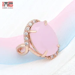 SHENJIANG New Fashion 585 Rose Gold Color Egg Shape Oval Cubic Zirconia Rings For Women Wedding Party Elegant Trendy Jewelry