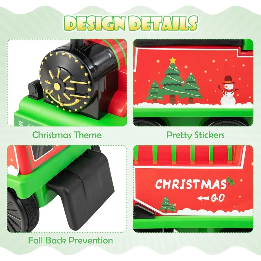 ライトとサウンド付きの6V電動おもちゃの電車に乗って、軌道を走る。シートの下に収納できるフットレスト、クリスマスをテーマにしたバッテリー付き。