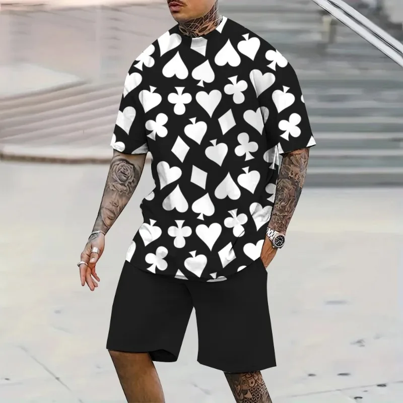2025 3D Poker Print Summer Casual Breathable Short Sleeved Shorts Style Oversized Polyester Fiber Fashionable Men's Style
