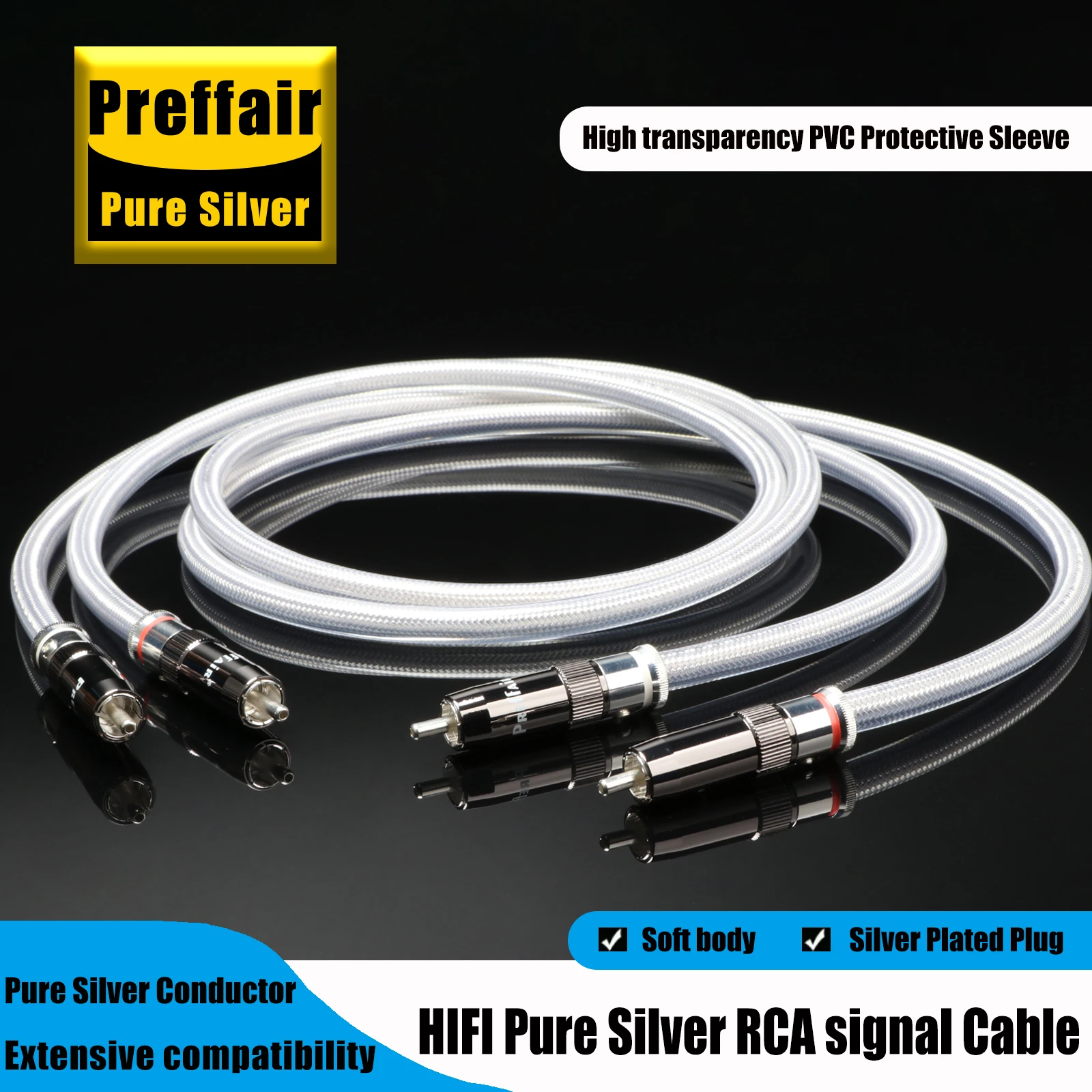 Preffair Pair Pure Sterling Silver Plated HiFi Audio Wire Signal Cable DIY 2RCA Cable Audiophile for CD Player
