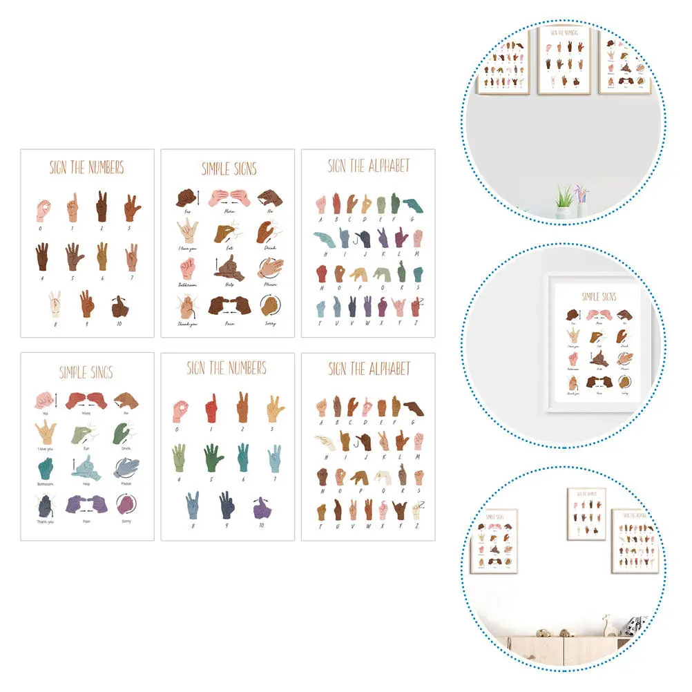 6Pcs Sign Language Posters Canvas Set Alphabet Numbers Educational Charts for Classroom Home Office Learning Aid