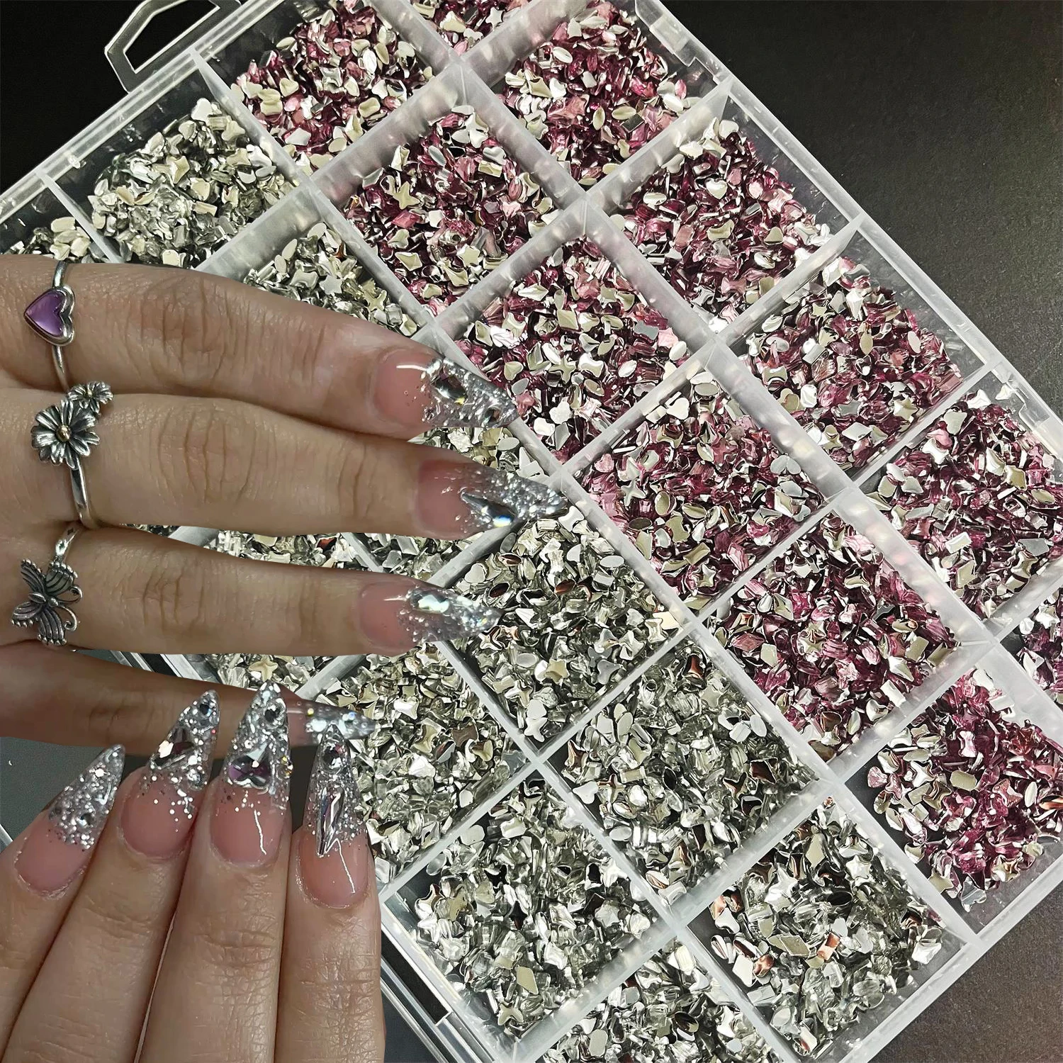 1Box Clear & Pink Flatback Acrylic Nail Gems Sparkly Mixed Shapes Mini Mail Rhinestones For DIY Manicure Craft Decor Supplies *