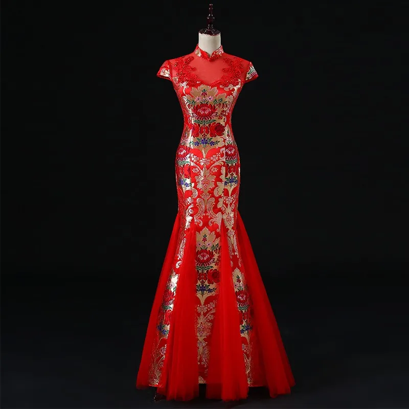 Chinese-style fishtail banquet evening gowns red performance costumes cheongsams fashion shows and host dress performances