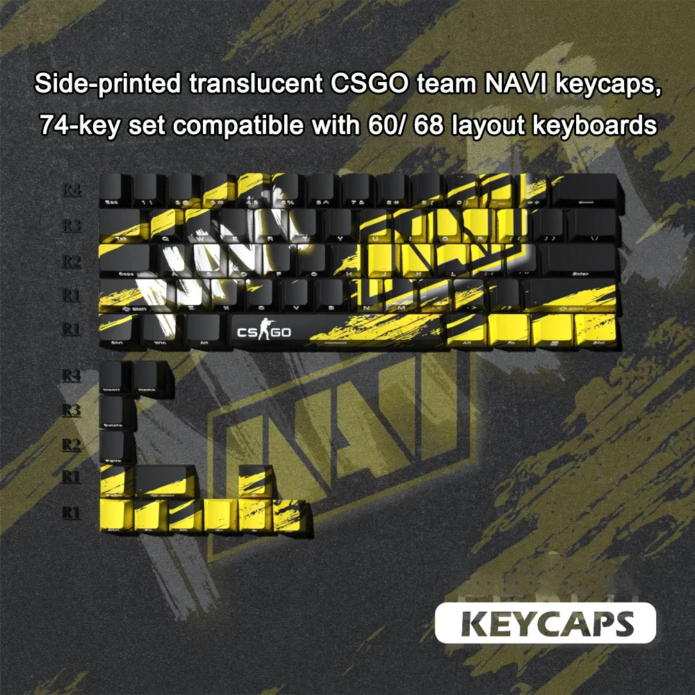 CS2 Gaming Team Keycaps NAVI Spirit Vitality PBT 74 Keys Side Engraved Shine Through Keycap For 61 68 Key Mechanical Keyboard