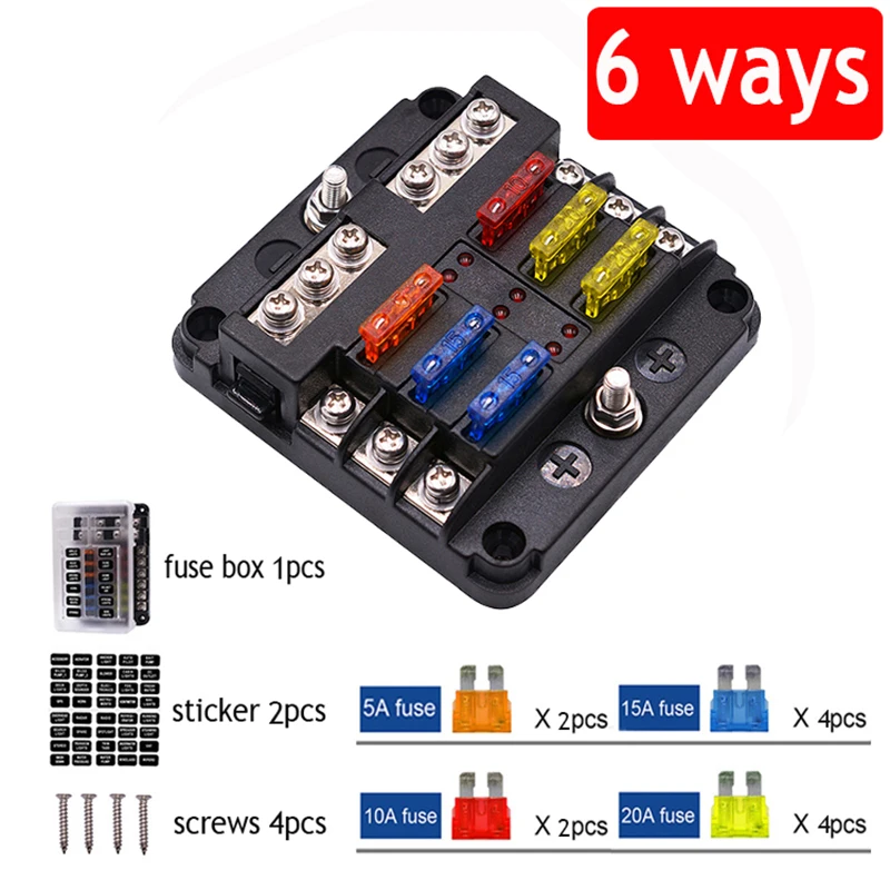 Car Boat Fuse Box Holder With 6 Way 12 Way Blade Fuse Holder Block & Warning Indicator 12V~32V Power Distribution Panel Board