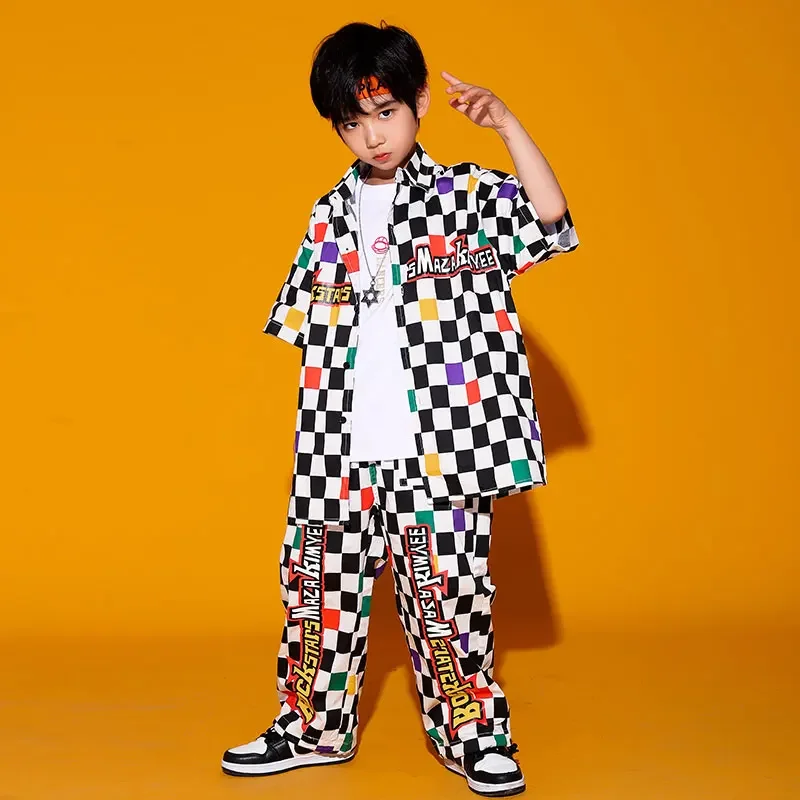 เด็ก Hip Hop แสดงเสื้อผ้า Checkered เสื้อแขนสั้น Street สวมกางเกงสําหรับหญิงแจ๊สเต้นรําเครื่องแต่งกายชุดเสื้อผ้า