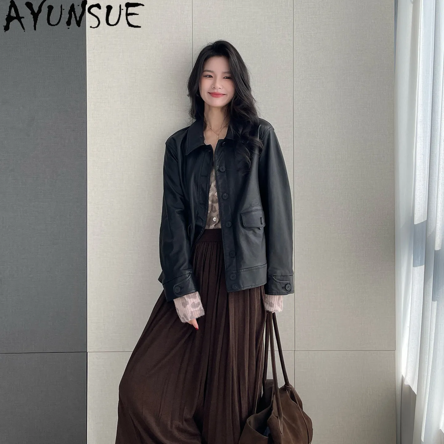 AYUNSUE Top Layer Sheepskin Womens Coats Vintage Black Real Leather Jacket Women Autumn Clothing Short Slim Fit Куртка Кожаная