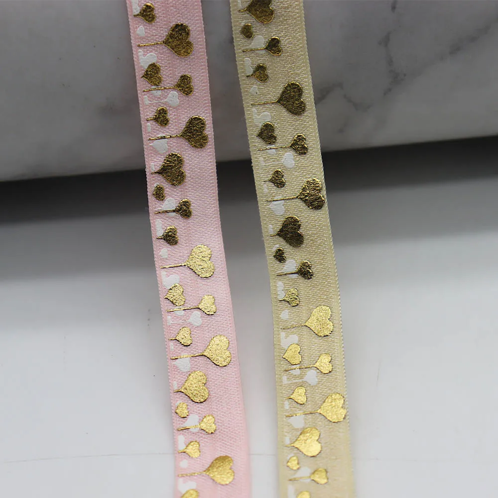 5/8'' 15mm Gold Foil Heart Balloon Printed FOE Band Fold Over Elastic Ribbon For Valentine Headband Hair Ties DIY Sewing