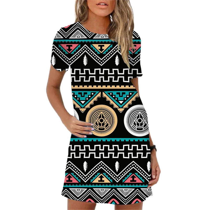 2024 New Women Dress Black A-Line Vintage Print Dress Plus Size Summer Short Sleeve Loose Casual Woman Mini Dresses