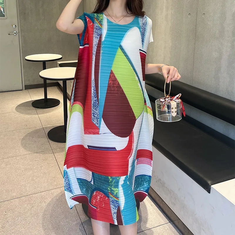 Miyake Pleated New Dress Fashion Casual Loose Sleeveless Dress Western Style Floral Geometric Color Contrast Picture 2024 Spring