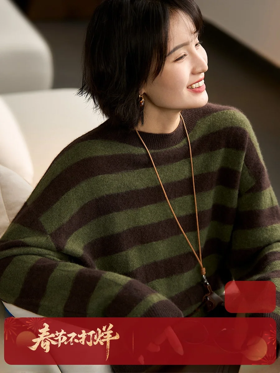 

Fangqing Song Women's Camere Knitwear Stripe Sweater Autumn New Sle Soft Long Sve round Ne Warm Casual Faion