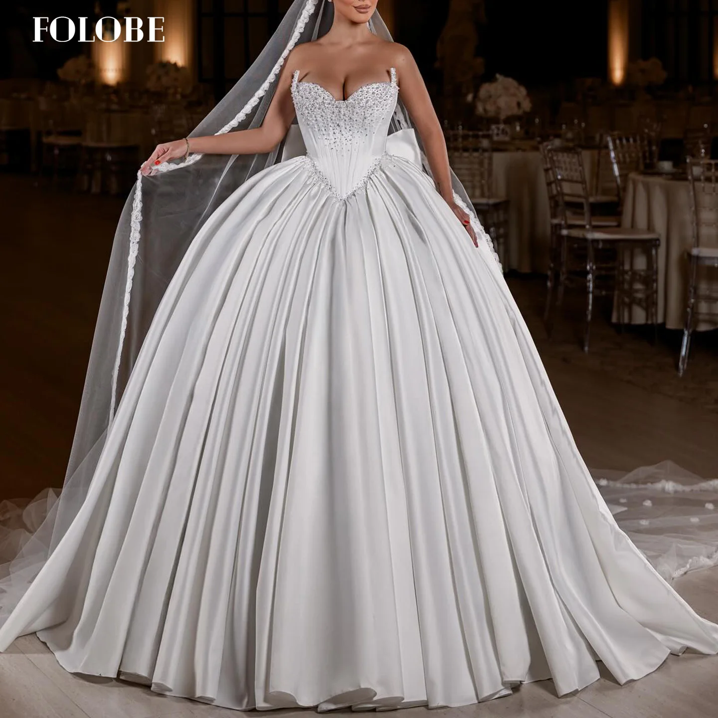 

FOLOBE Роскошное милое великолепное свадебное платье трапециевидной формы с кристаллами без рукавов из атласного банта, платья принцессы невесты по индивидуальному заказу