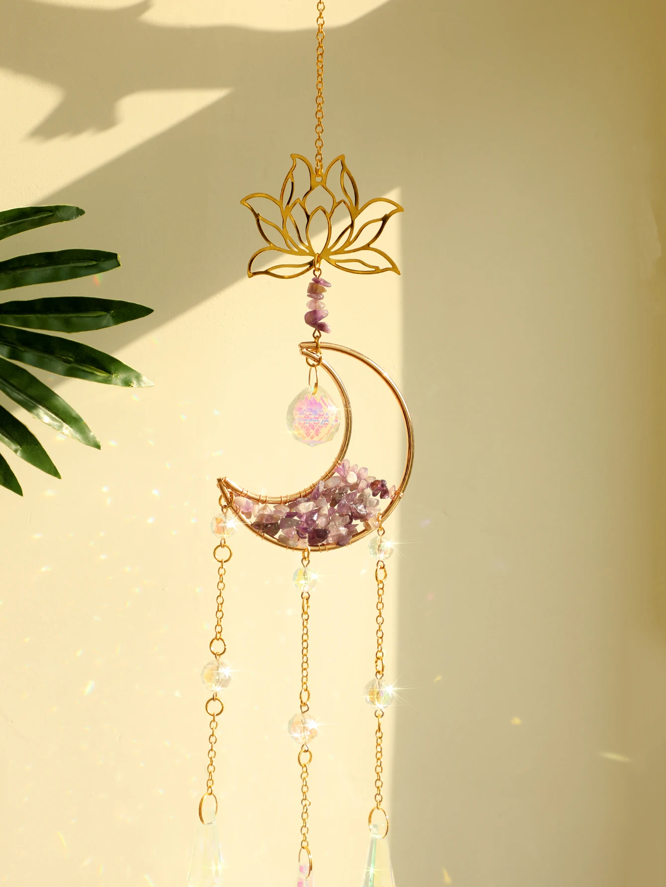 Suncatcher Lotus Moon Purple Crystal Wind Chime Window Wall Hanging Rainbow Maker Light Catcher Home Garden Decor Crafts Gift