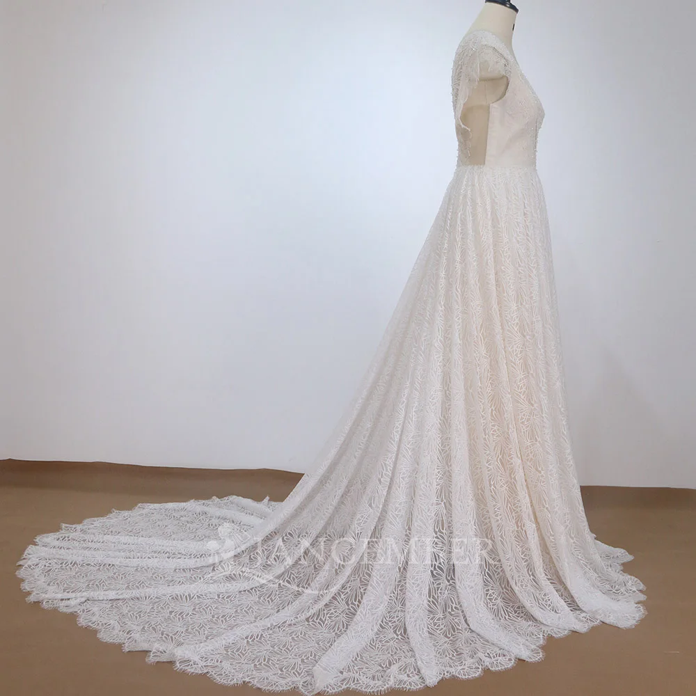 Robe de mariée trapèze en dentelle, robe de mariée de luxe avec cristaux, col en v, manches courtes personnalisées, robes de mariée pour mariée