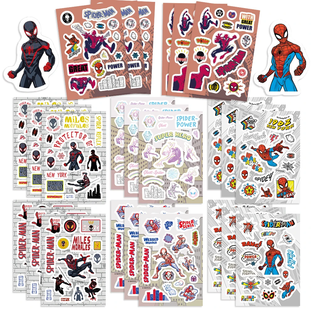 8/16 hojas de pegatinas de Anime de Spider-Man, calcomanías de superhéroes de dibujos animados para monopatín, portátil, equipaje, coche, pegatina impermeable, regalo para niños