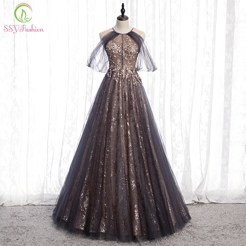 

Clearance Sale Banquet Elegant Evening Dress Halter Sequins Appliques Sleeveless Long Prom Formal Gowns Vestido De Noche