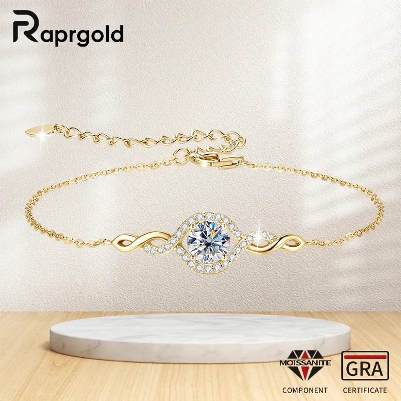 

RAPRGOLD GRA Certified 1CT Round Moissanite Infinite Charm Bracelet for Women S925 Sterling Silver Chains Wedding Jewelry Gifts