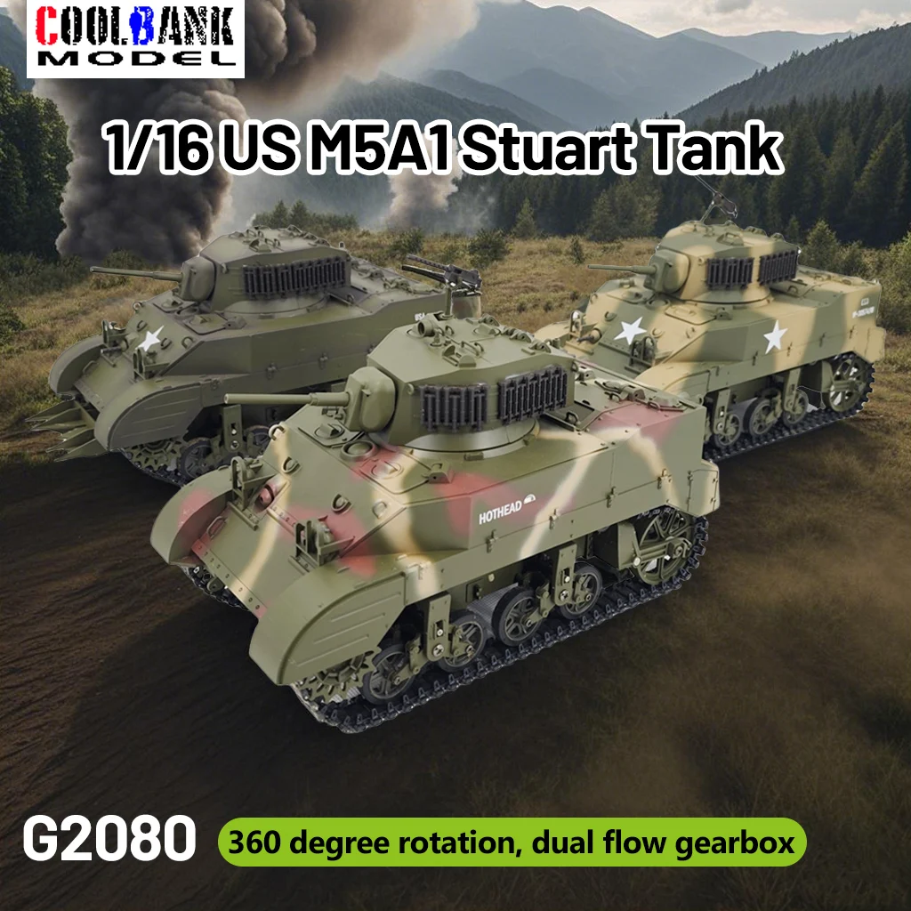 COOLBANK 1/16 US M5A1 Stuart Tank 2.4ghz Remote-controlled Tracked Vehicle 360° Rotating Turret with Sound  Light for Boys Adult