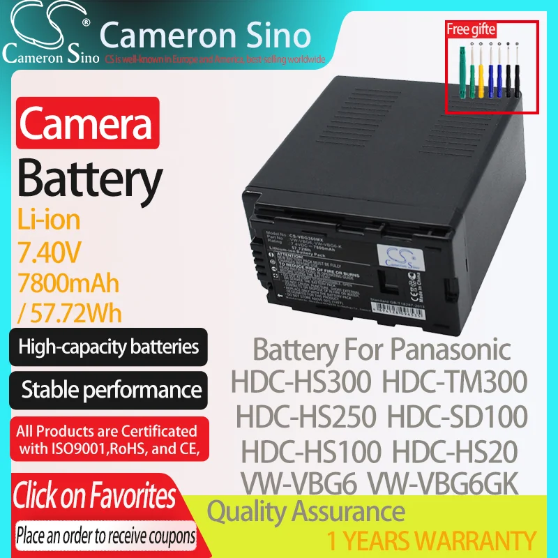 CameronSino Battery for Panasonic HDC-HS300 HDC-TM300 HDC-HS250 HDC-SD100 fits Panasonic VW-VBG6 Digital camera Batteries 7.40V