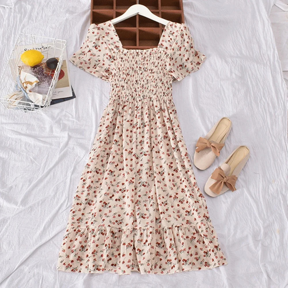 Sweet Spring Summer Floral Print Dress For Women Casual Square Neck Short Sleeve Elastic High Waist Midi Dresses With Ruffle Hem