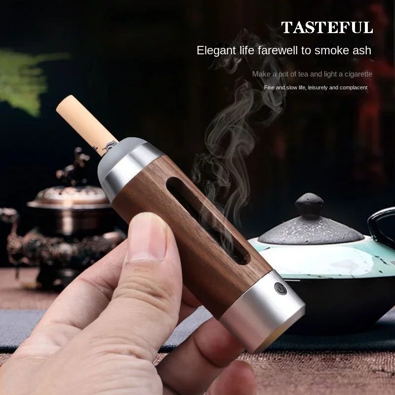 Smokeless Ashtray Lazy Cigarette Holder Does Not Drop Ash Artifact Ashtray Walnut Car Ashtray with Rechargeable Lighter