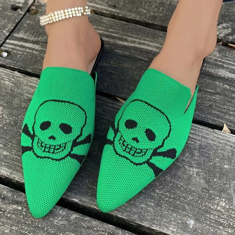 Woman Mules Shoes Outdoor Women Slippers Knit Pointed Toe Shallow Low-heel Casual Footwear Comfortable Skull Slides Embroidery