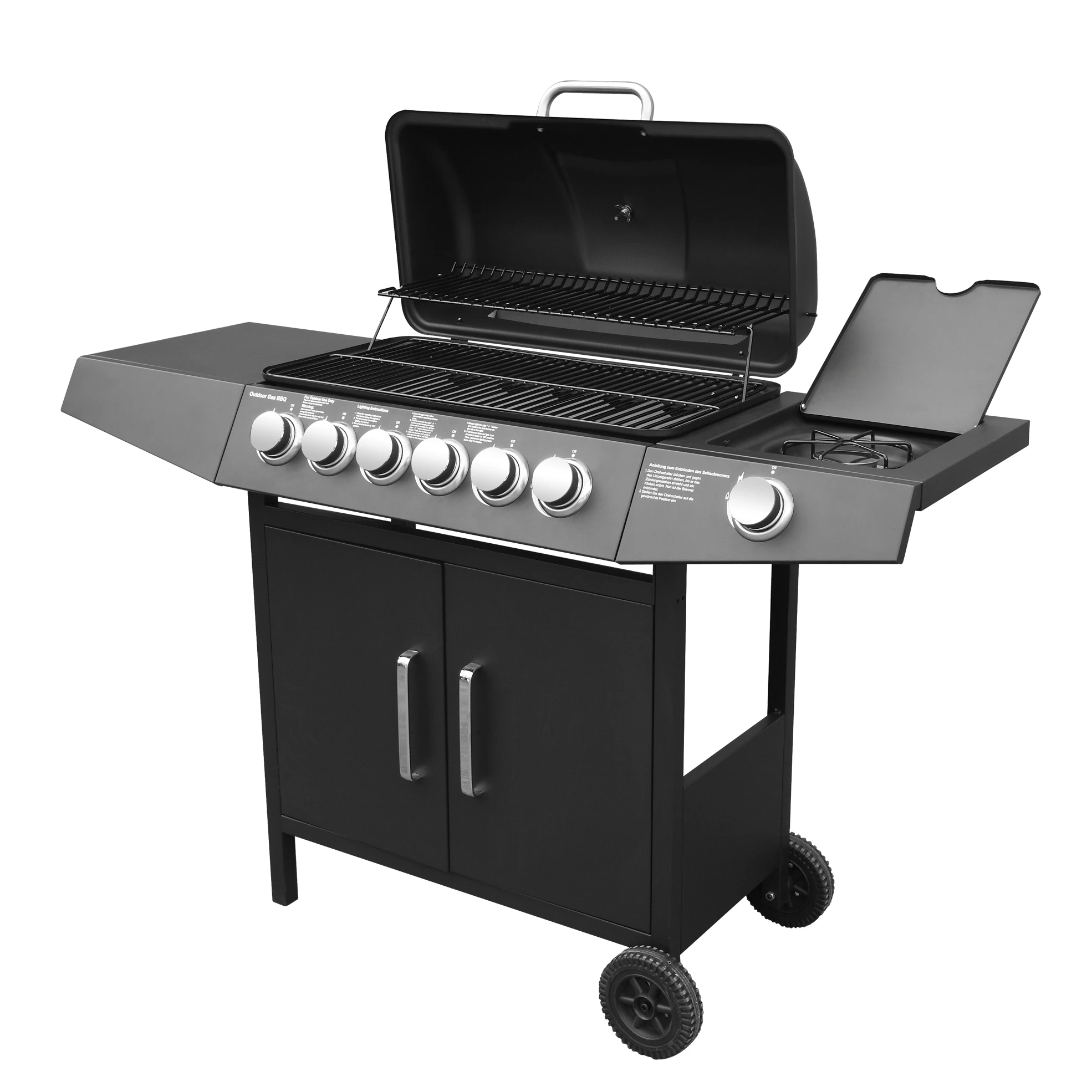 Outdoor Garten Gasgrill mit 6+1 Brennern, Schwarz, Schnelle Heizung, Große Grillfläche, Viel Stauraum, Gartenbarbecue