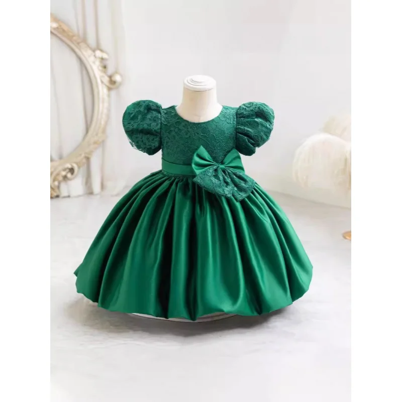 

girls gownOne Year Old Celebration Dress Children's Princess Dress Dress Satin Bow Puff Sleeve Dress