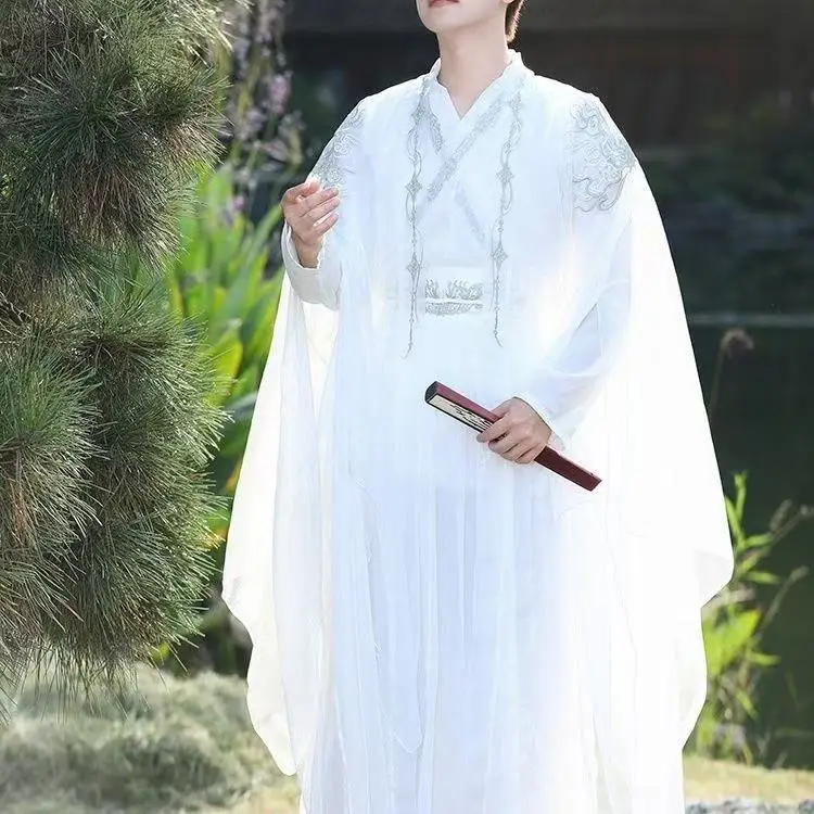 클래식 화이트 드래곤 자수 한푸 남녀 전통 큰 소매 셔츠 무대 의상 할로윈 요정 무술 코스프레 의상