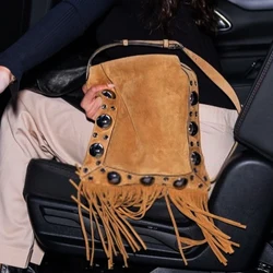 Vintage Faux Suede Messenger Bags For Women Luxury Designer Handbag Purses 2024 New In Rivet Trim Tassel Small Underarm Shoulder