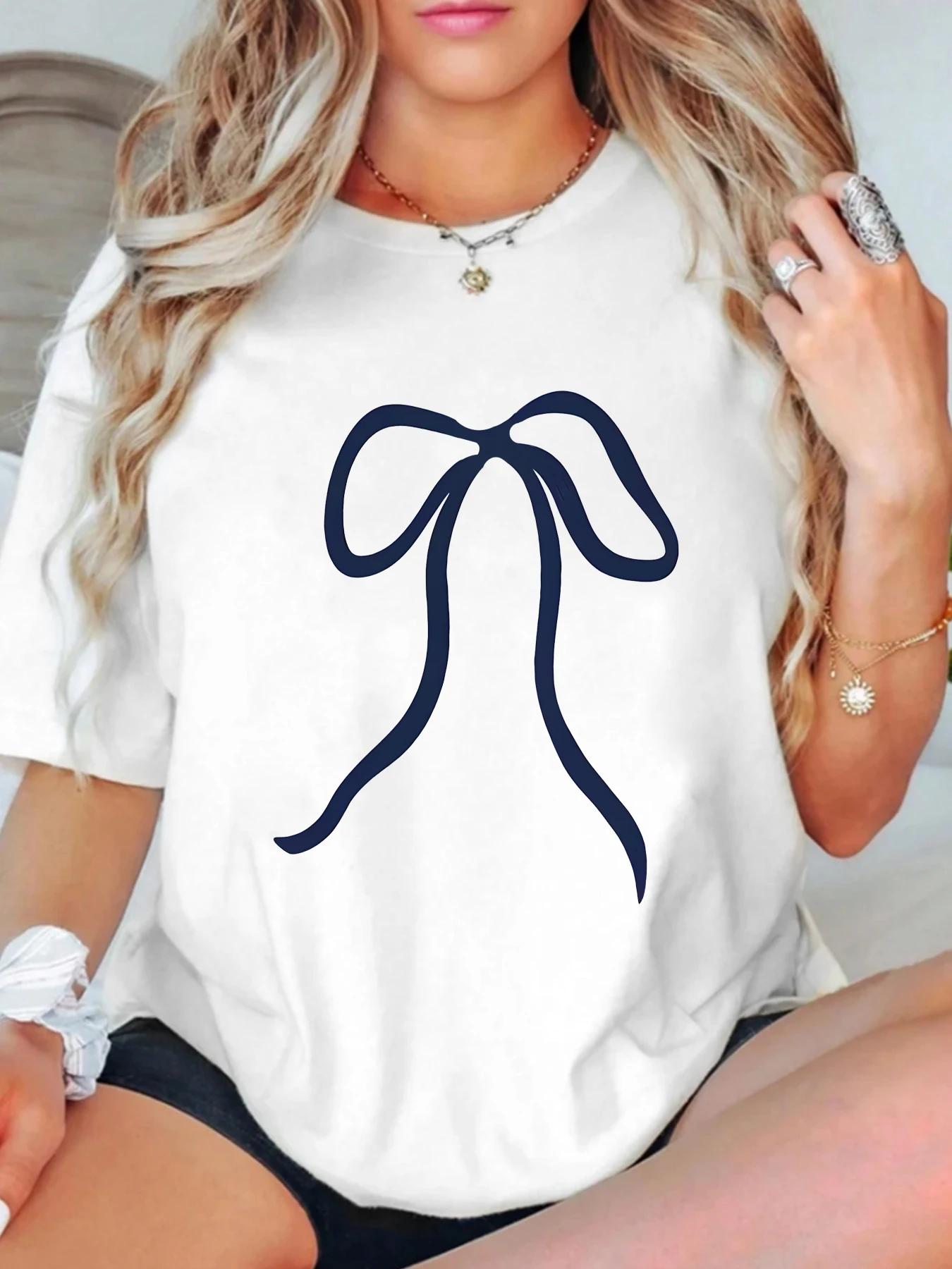 

Bow Plus size women's round neck short sleeve T-shirt with elastic half sleeves and trendy prints