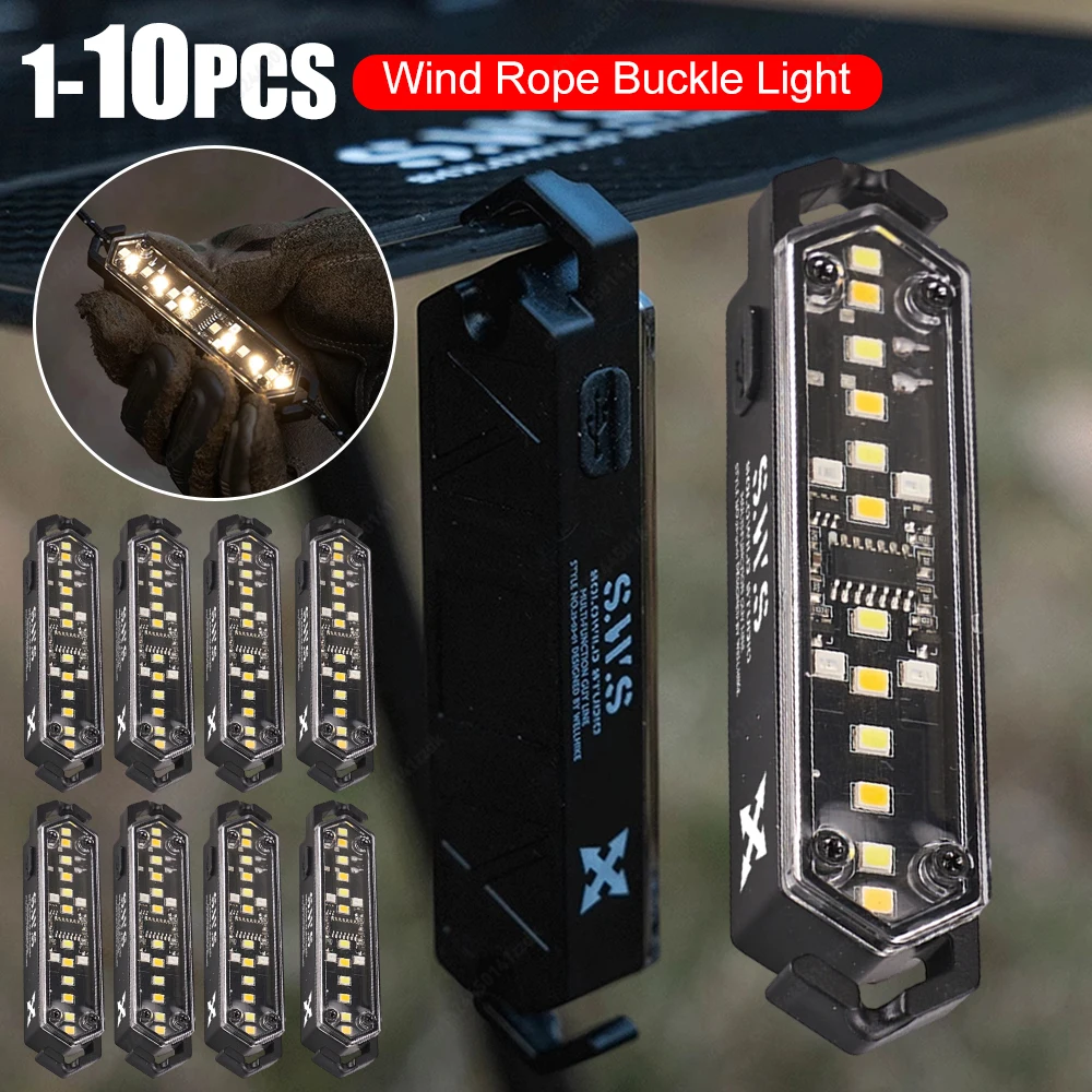 1-10PCS Outdoor Camping Light Warning Wind Rope Buckle Light IPX4 7 Lighting Modes Tent Decorative Lights Waterproof String Lamp