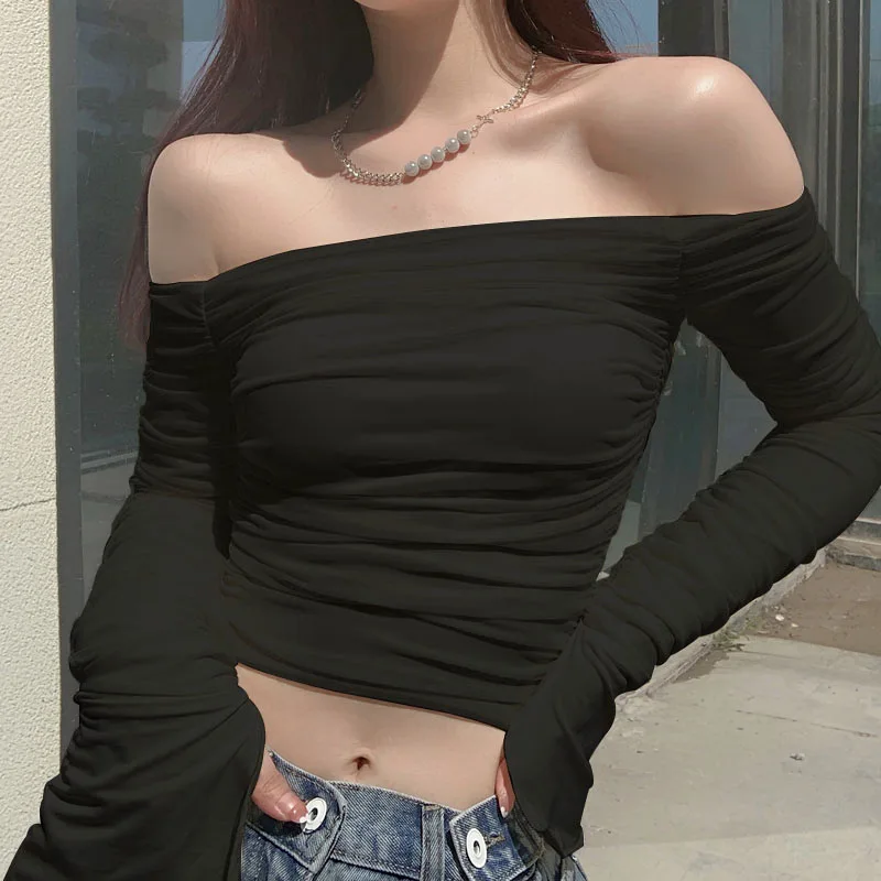 Shoulder Wrinkled Flared Long-sleeved T-shirt Blusas Pleated Slim Top All-match Solid Color One Line Neck Simple Style Commuting