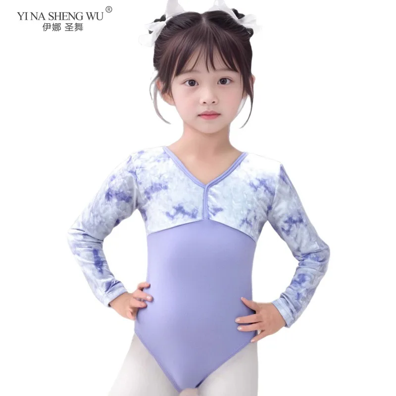 女の子子供バレエレオタードダンスパフォーマンス衣装スプライシング長袖-v-ネック練習ダンススーツ子供ダンスウェア衣装