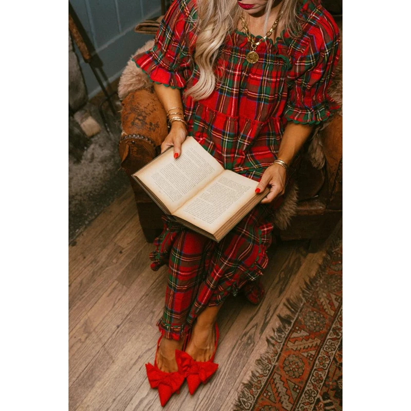 Setelan Loungewear Natal Wanita Combhasaki Motif Kotak-kotak Y2K Atasan Babydoll Lengan Mengembang Celana Lebar Berbelah Ruffle Piyama Natal Motif Gingham