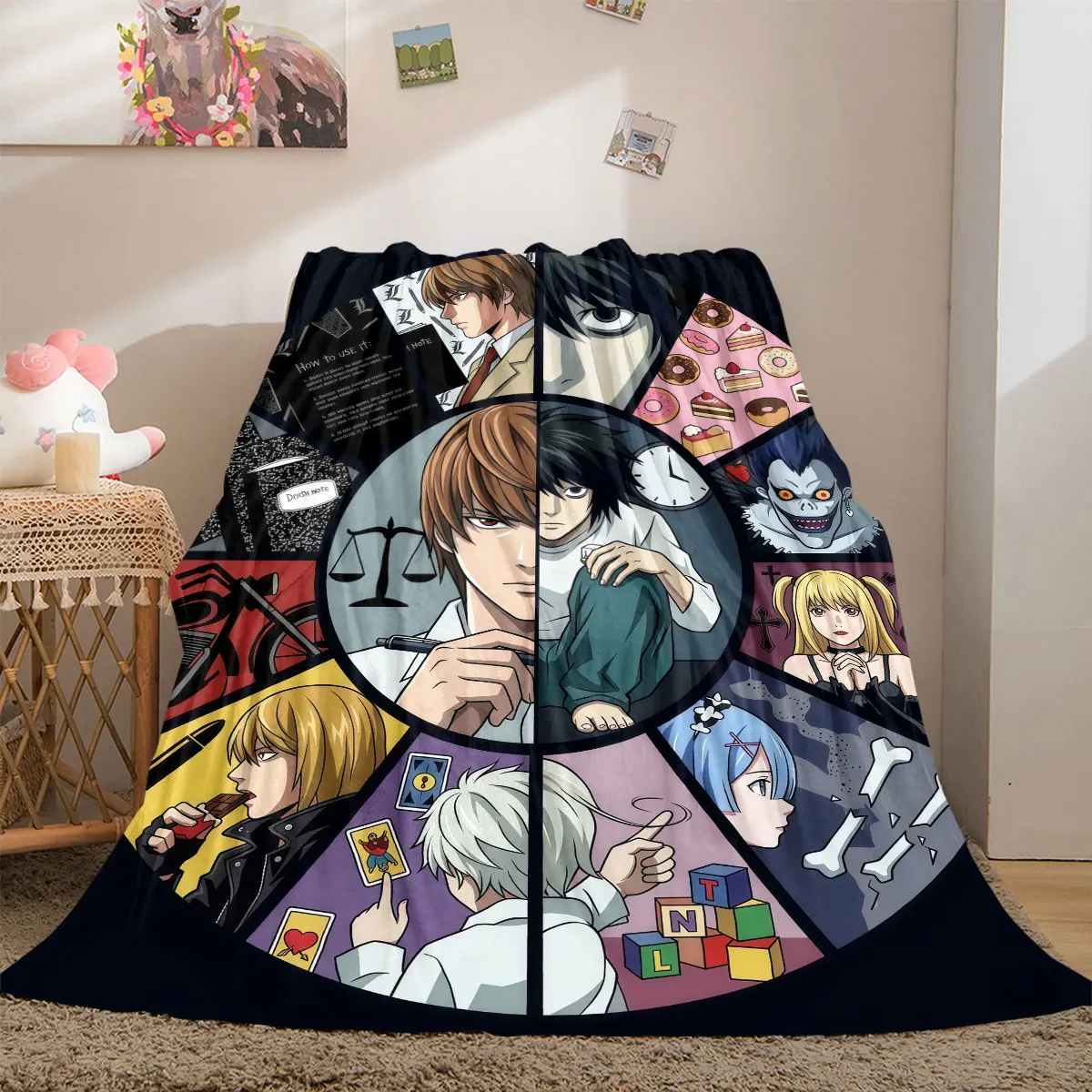 Death Note Cool 2D Print Flannel Blanket, Cartoon Graphics for Bed, Cozy Travel Picnic Essentials Wrap_LIAN