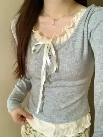 Korean Fashion Cropped Tshirt Women Long Sleeve Coquette Lace Streetwear Bow T-shirts Round Neck Tops Vintage Aesthetic