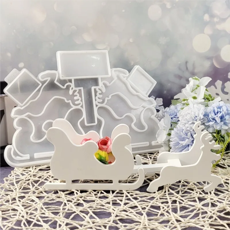 DIY Weihnachts-Elch-Schlitten Silikonform, Bonbon-Aufbewahrungsbox Gips-Harzform für Heim-Festdekoration Geschenk