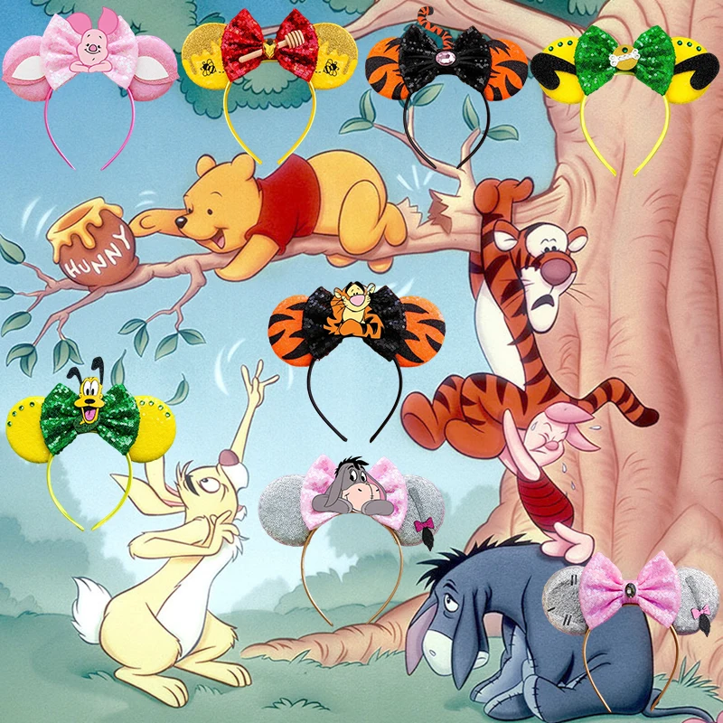 

Disney Bee Winnie the Pooh Bear Ears Headband Women Cute Piglet Hair Accessories Women Sequins Bow Tigger Hairbands Kid Birthday