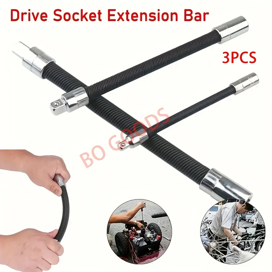 3pcs Impact Socket & Flexible Extension Rod Drive Adapter - 1/4', 3/8', 1/2' Drive Suitable for Automotive Repair, Workshop Tool view 3