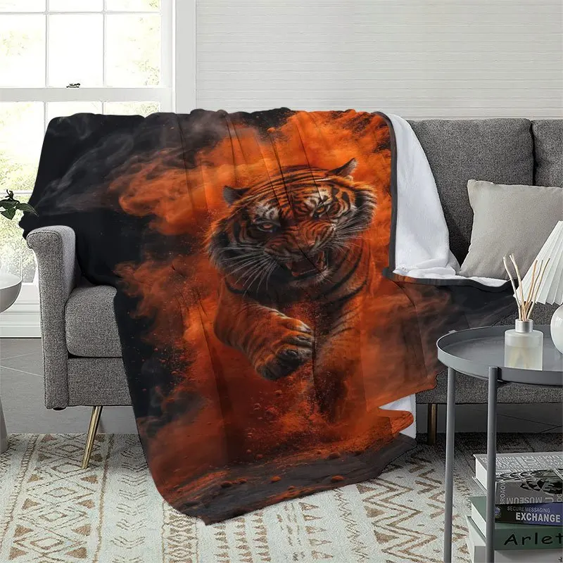 Roaring Tiger Orange Smoke Print Flannel Blanket, Soft Warm Bed Blanket for Sofa Bedroom Camping Wildlife Decor Gift