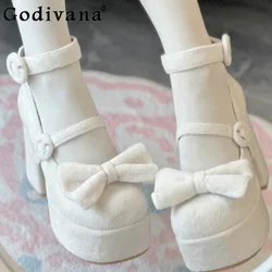 Sweet Cute Waterproof Chunky Heels Pumps Lolita Kawaii Platform Shoes Bow Round Head Heels Summer Heels