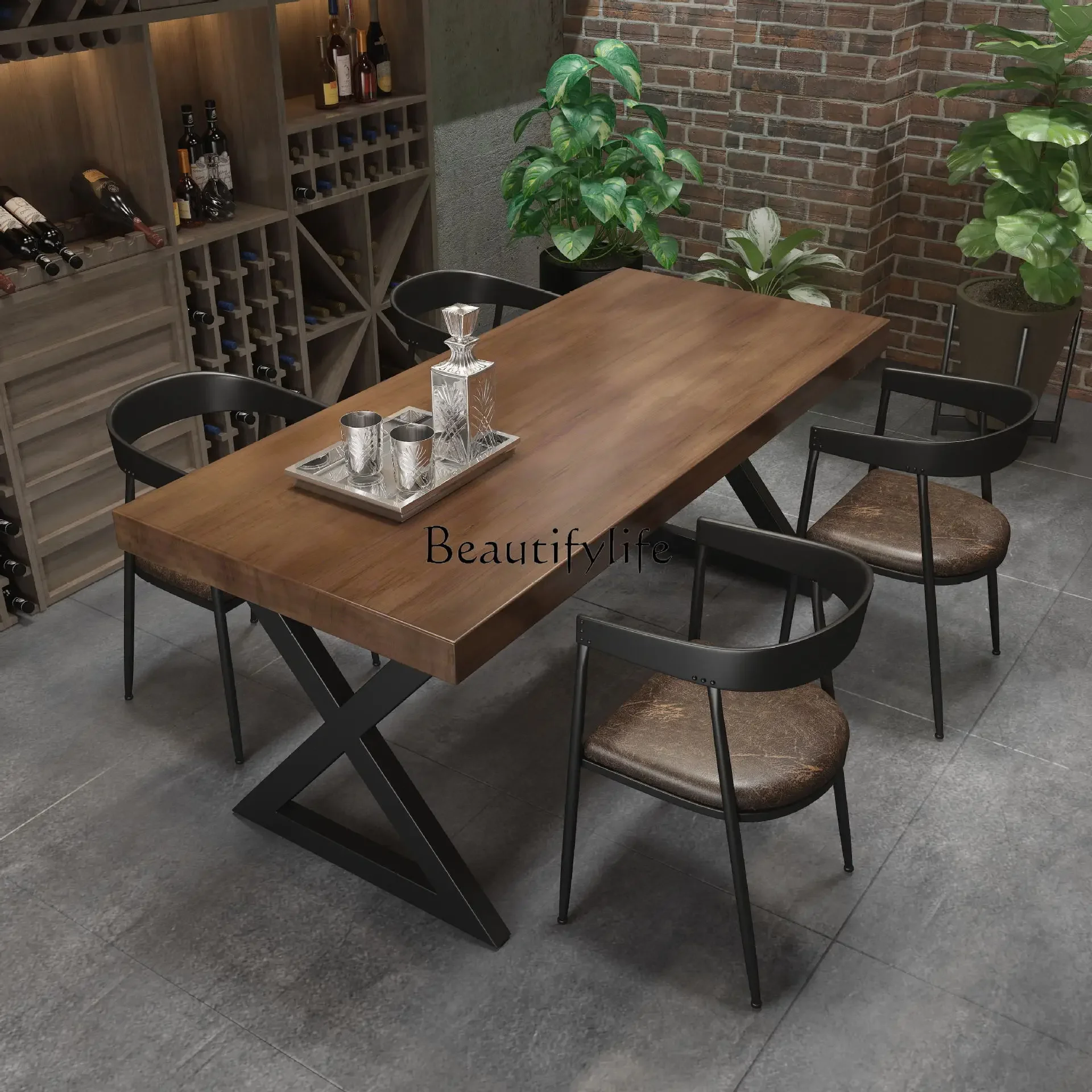 LXRetro bar industrial style solid wood dining table rectangular wrought iron cafe table and chair combinationSSS