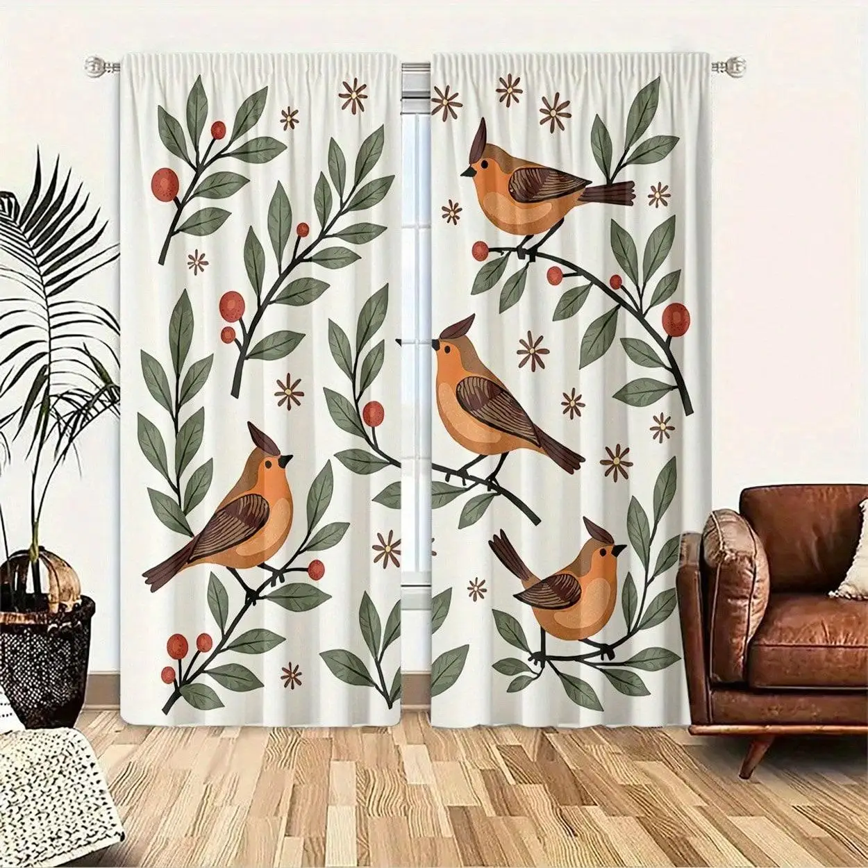Cute Botanical Bird Pattern Curtains 2pcs Autumn Woodland Leaf Berries Decorative Living Room Window Drapes Home Decor