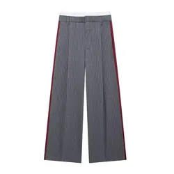 Tangada 2024 Autumn Winter Women Striped Wide Leg Pants Trousers High Waist Suit Pants 3H0937