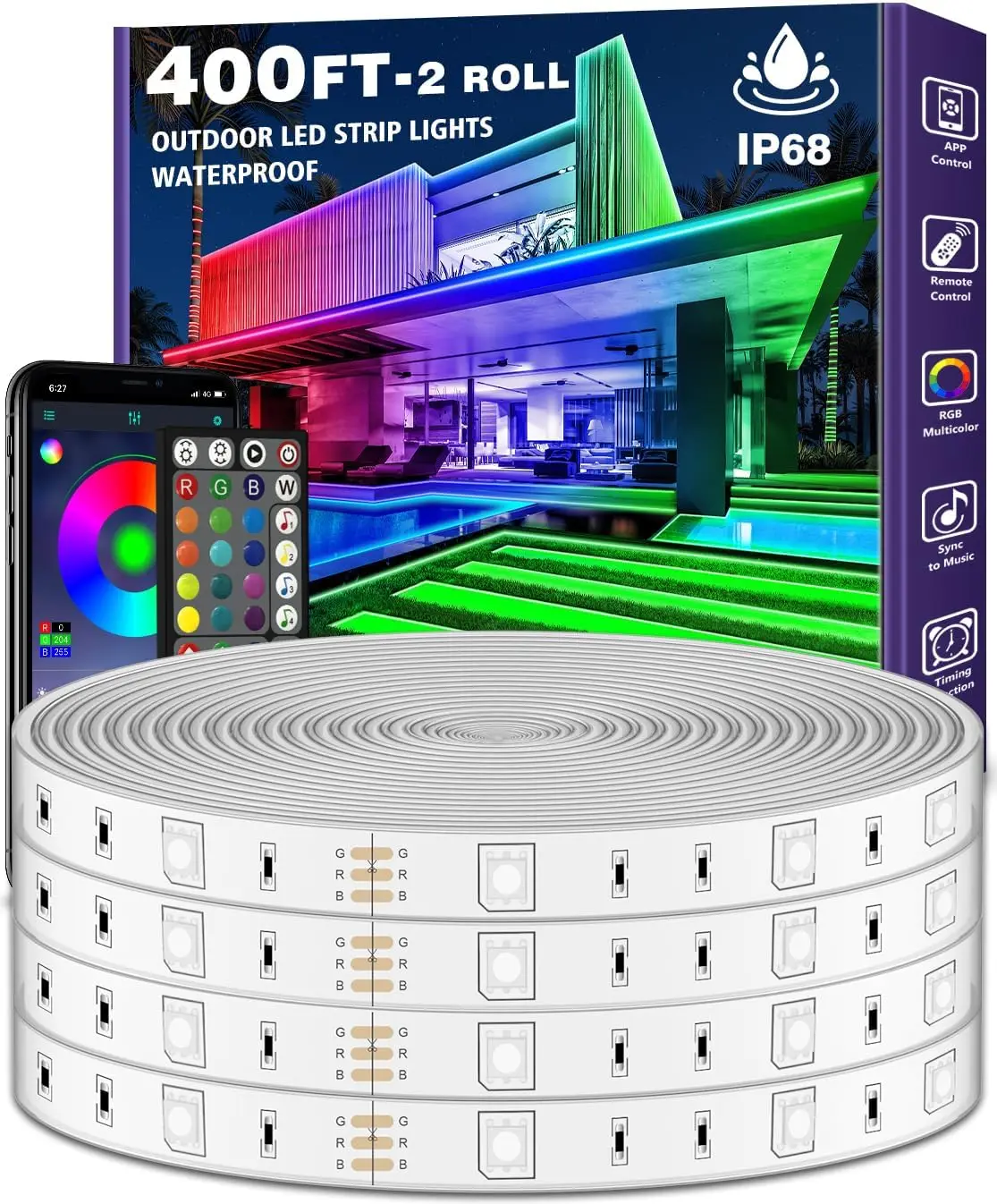 Outdoor LED Strip Lights com adesivo Backing, impermeável, IP65, fora tiras de luz LED, Bluetooth App, 400ft