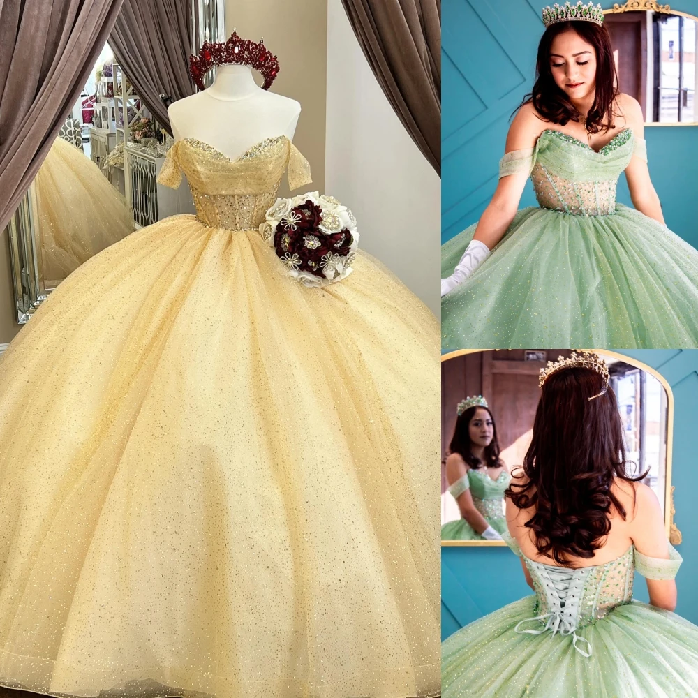 Shimmering Glitter Tulle Quinceanera Dress Sheer Corset Ball Mexican Quince Sweet 15/16 Birthday Party Gown for 15th Girl Sage