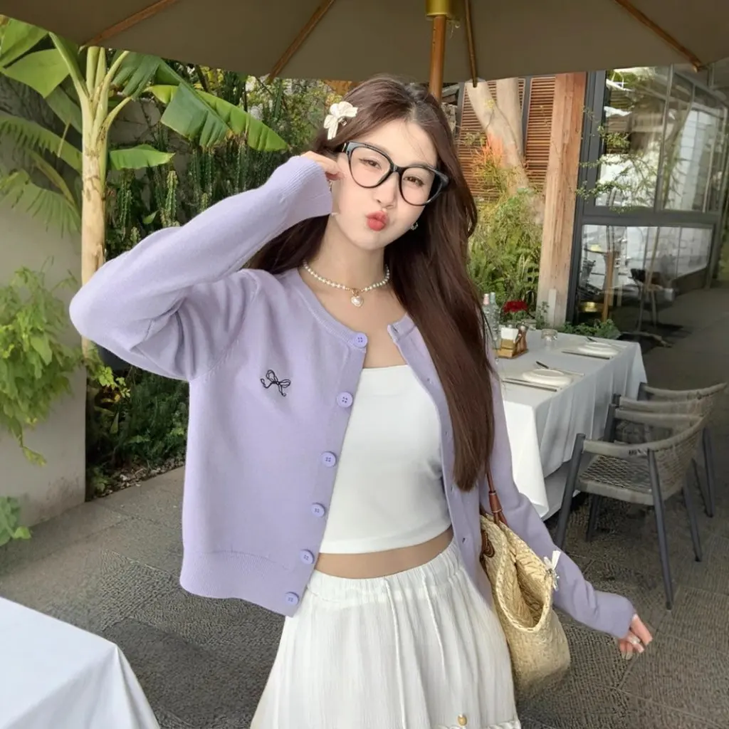 

Butterfly Embroidered Purple Cardigan Outerwear Early Spring Wear Knitted Lazy Style Sweater Coat Top for Women New