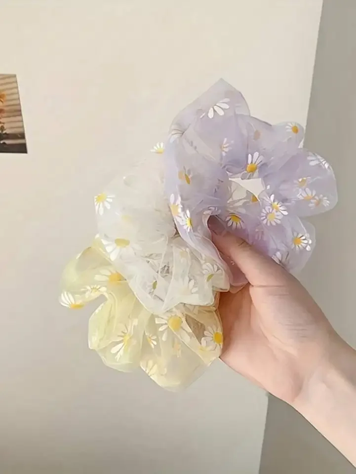

4pcs Daisy Print Mesh Scrunchie Elastic Hair Tie For Women Soft Sweet Ponytail Holder Fashion Accessory