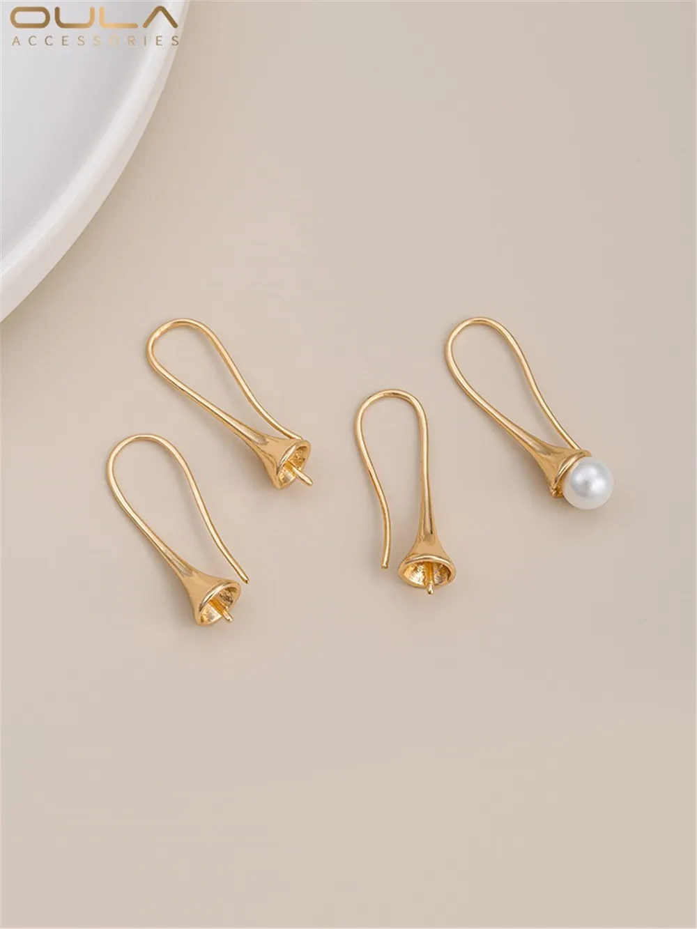 14K Gold-Color Plated Trumpet Pearl Bracket Hook Drop Pearl Bracket Pendant Lava Hanging Rod Diy Earring Accessories